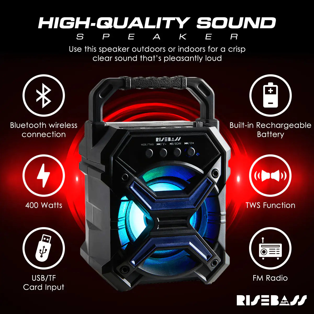 Portable Wireless Bluetooth Speaker with TWS Function - Rechargeable Bluetooth Speaker - LES flashing Lights